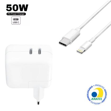 Imagem de Carregador Fonte 50W + Cabo Ultra Turbo USB-C Tipo-C Lightning Compatível com iPhone SE X XR 7/8 7/8 Plus 11 12 13 14 Pro Max