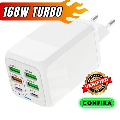 Imagem de Carregador Turbo TipoC 4 USB 2 PD 168w Super Rápido Fast MI turbo charger 6 saídas com cabo PD