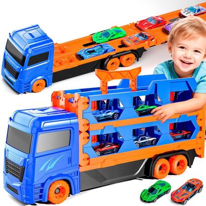 Imagem de Carreta Cegonha Caminhão Que Vira Pista Colorido Com 2 Carrinhos - Dm Toys