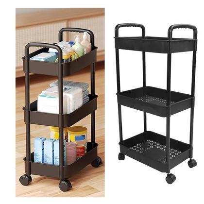 Imagem de Carrinho organizador 3 prateleiras multiuso auxiliar papelaria cozinha banheiro escritorio com gancho e rodinhas preto