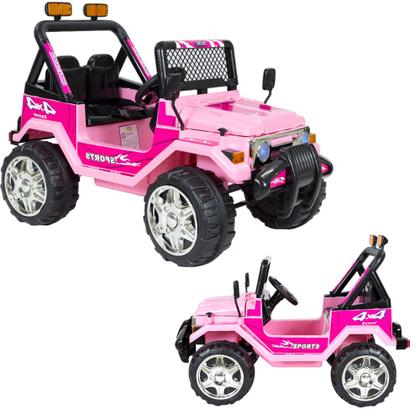 Imagem de Carro Carrinho Elétrico Infantil Motorizado Criança Mini Jipe Bateria 12v Bivolt 2 Lugares Com Controle Remoto Mp3 Usb Rosa