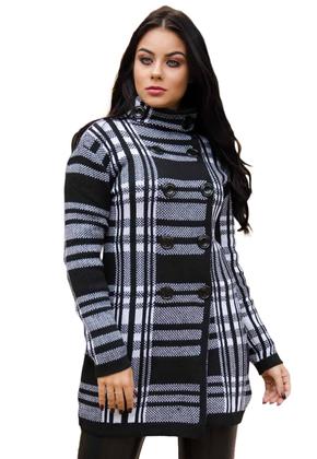 Imagem de Casaco Feminino Sobretudo Com Botões Tricot Livora Preto e Branco Tamanho:Único Cor:Preto/Branco