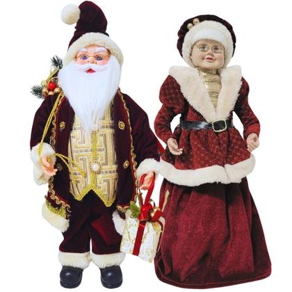 Imagem de Casal Papai e Mamãe Noel Decorativo 50cm Casaco Luxo Vinho Detalhes Dourado - Noel Decor