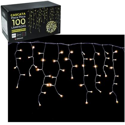 Imagem de Cascata de natal de led pisca pisca com 100 lâmpadas fio transparente 220V decoração branco quente