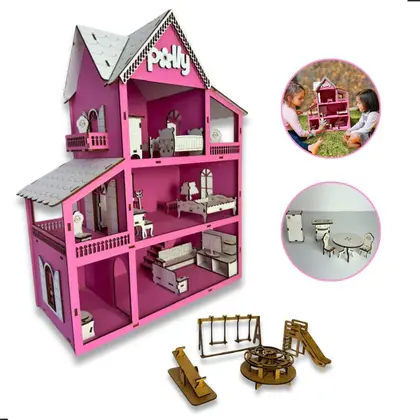 Imagem de Casinha De Boneca Brinquedo Infantil Em Mdf Rosa + 19 Mini Moveis