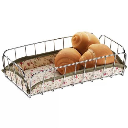 Imagem de Cesta Para Servir Pães Retangular Bolacha Doces Mesa Aço Cromado Tecido