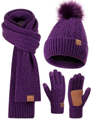 Imagem de Chapéu de inverno, cachecol, conjunto de luvas FISFET para mulheres, roxo