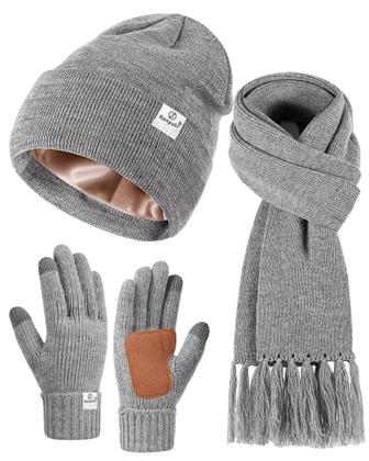 Imagem de Chapéu de inverno, cachecol, conjunto de luvas SENPUKI, forrado de cetim para mulheres e homens