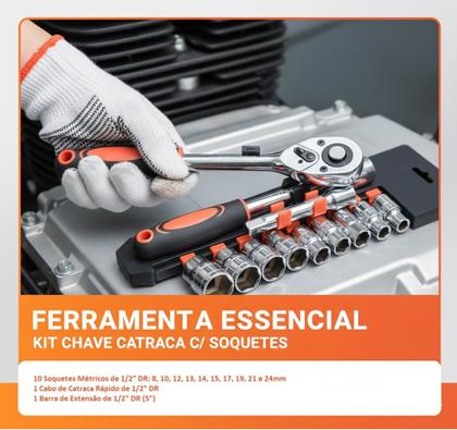 Imagem de Chave De Catraca Reversivel 12 Soquete Sextavado 12 peças 8 a 28 mm extensão kit jogo