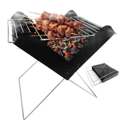 Imagem de Churrasqueira Á Carvão Portátil Triângulo com Chapa Galvanizada e Grelha Inox Pés Dobráveis Móvel