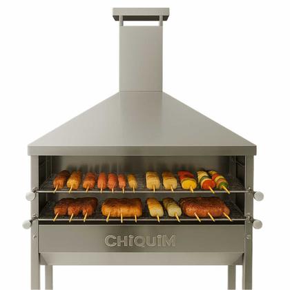 Imagem de Churrasqueira Inox Carrinho de Churrasco Para Espetinho Com 2 Grelhas Coifa e Duto Elevado Reforçada