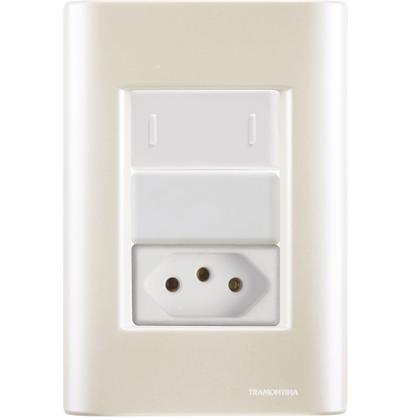 Imagem de Cj Interruptor e Tomada 10A Giz Pérola Tramontina completo pronto