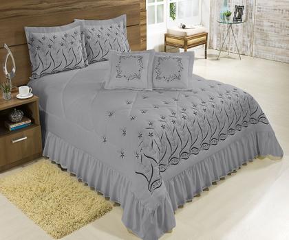 Imagem de Cobre Leito Casal Padrão Desejos 07 Peças Bordado Colcha CINZA