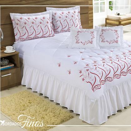 Imagem de Cobre Leito Casal Queen Desejos 07 Peças Bordado - Branco com Vermelho