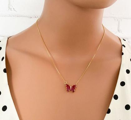 Imagem de Colar Corrente Veneziana Feminino com Pingente Borboleta Cristal e Zircônia Folheado Ouro 18k Gargatilha Moda Luxo