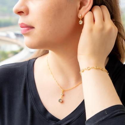 Imagem de Colar Feminino Semijoia Corrente Veneziana Fina Com Pingente + Pulseira + Conjunto De Brincos