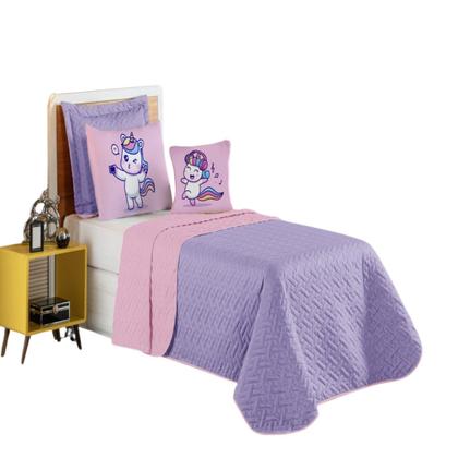Imagem de Colcha Cobre Leito Edredom Roupa De Cama Infantil 5 Pçs Matelado Dupla Face Quarto Menina Lilas