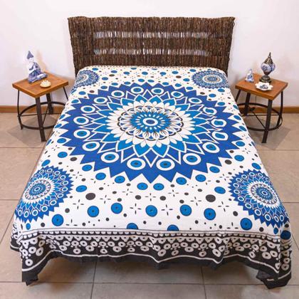 Imagem de Colcha Indiana Mandala Flor 100% Algodão ul & Branco