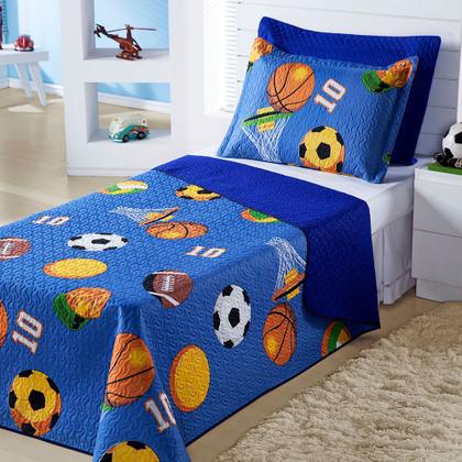 Imagem de Colcha Solteiro Infantil Dupla Face Futebol 2 Peças Azul