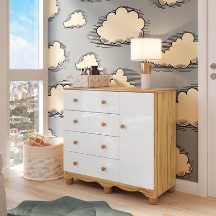 Imagem de Cômoda de Bebê com 1 Porta e 4 Gavetas 100% MDF Mimo Branco Brilho/Amêndoa