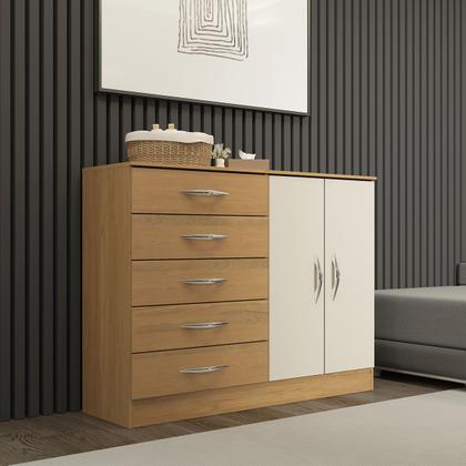 Imagem de Cômoda para Quarto Casal 93 x 119 Cm 5 Gavetas 2 Portas MDP Carvalho Champanhe 1043 MENU
