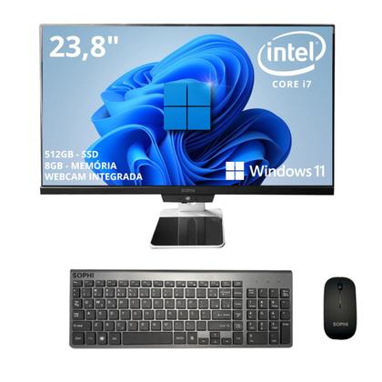 Imagem de Computador All in One Intel Core I7 Ssd 512gb 8Gb Ram Tela 23,8 Pol Full HD Windows 11 Kit Completo Teclado/Mouse S/fio Webcam Integrada