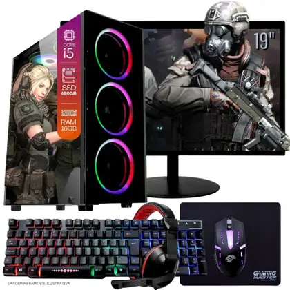 Imagem de Computador PC Gamer Completo TOB Intel Core i5 SSD 480GB 16GB Teclado Mouse Mouse Pad e Headset Gamer Monitor 19 Windows 10 Pro Trial