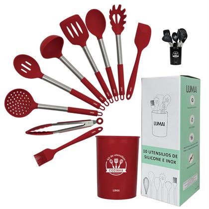 Imagem de Conjunto 10 Utensilios De Cozinha Silicone C/ Cabo Aço Inox LUMAI