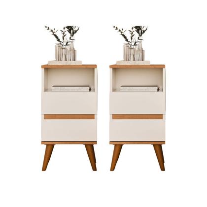 Imagem de Conjunto 2 Mesas de Cabeceira Pop com 2 gavetas e pés palito - Off White com Freijó