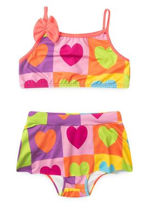 Imagem de Conjunto Biquíni Infantil Menina Pink Top Alcinha com Laço e Calcinha Saia Corações