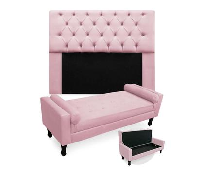 Imagem de Conjunto Cabeceira Mirage Com Recamier Baú Fenix Queen 160 cm Suede Rosa Bebe - LM DECOR