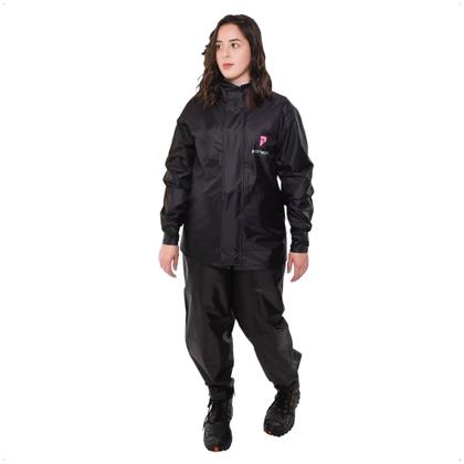 Imagem de Conjunto Capa de Chuva Feminino Tamanho P Preto Impermeável Motoqueiro Nylon 0,20mm Pioneira - 1801-F-PRE-P