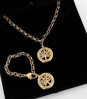 Imagem de Conjunto Colar Feminino + Pulseira Elo Português Pingente Arvore da Vida Folheado Ouro 18k Presente Moda Tendência