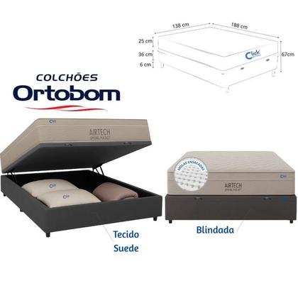 Imagem de Conjunto Colchão Ortobom Airtech Casal 138x188 Molas Pocket + Cama Box Baú Blindada Suede Resistente e Funcional