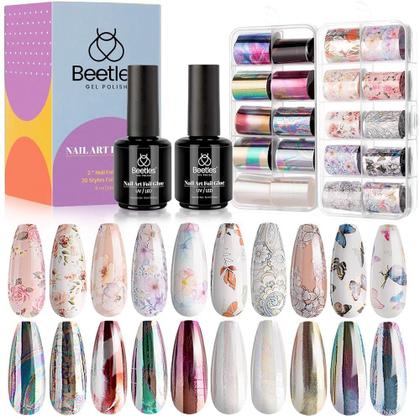 Imagem de Conjunto de adesivos Beetles Nail Foil Glue, 2 frascos de 15 ml com 20 peças de flores, borboletas e adesivos de papel alumínio, cola para transferência de unhas, arte de manicure, unhas DIY, é necessária lâmpada LED, absorva