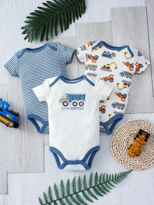 Imagem de Conjunto de Body Bebê Menino Verão - 3 Peças com Desenho de Caminhão