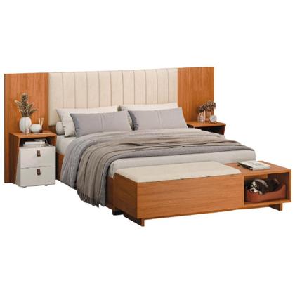 Imagem de Conjunto de Cabeceira Extensível c/ Mesa de Cabeceira e Calçadeira Veludo Malaga Madeirado/Off White