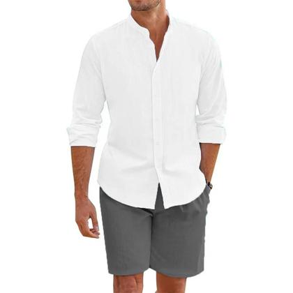 Imagem de Conjunto De Camisa De Linho De Algodão Para O Verão Masculino Com Calças Curtas E Cardigan Casual
