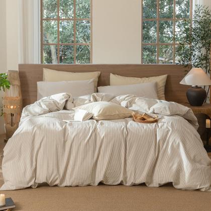 Imagem de Conjunto de capa de edredom MooMee listrado 100% algodão lavado King