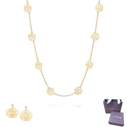 Imagem de Conjunto De Colar E Brincos Rommanel Rosas Vazadas Banhados Ouro 18k