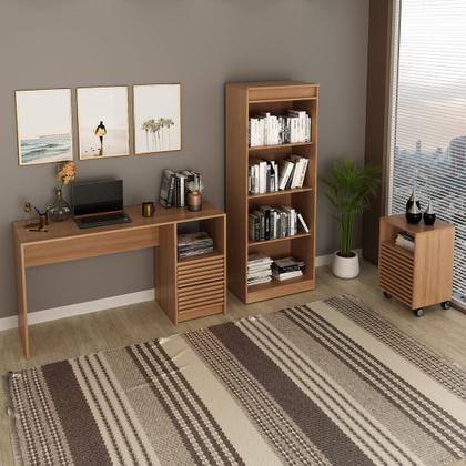 Imagem de Conjunto de Escritório com Estante 4 Prateleiras, Escrivaninha com 2 Gavetas e Gaveteiro MDP Amendoa Tecnomobili