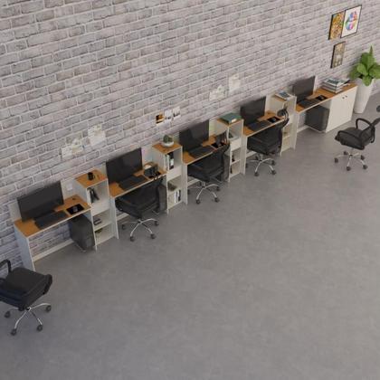 Imagem de Conjunto De Escritório Tech 4 Livreiro 1 Buffet E 5 Mesas 90 - Off White E Cedro Off White E Cedro