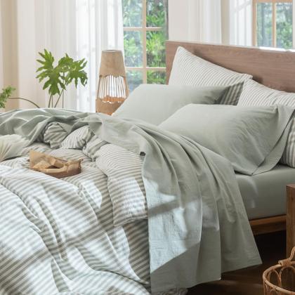 Imagem de Conjunto de lençóis MooMee 100% algodão lavado e linho Queen Green