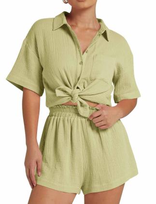 Imagem de Conjunto de linho Flygo feminino casual de 2 peças, conjunto de pijama de praia