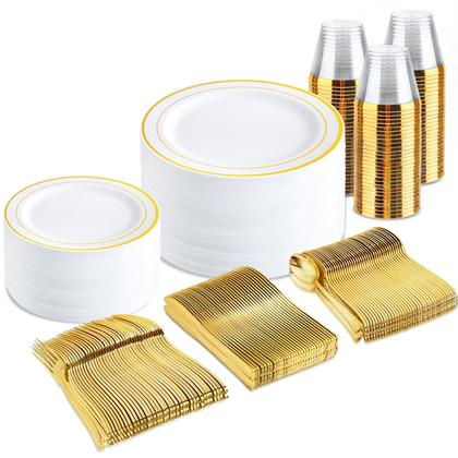 Imagem de Conjunto de louças descartáveis BuCla branco/dourado 300 unidades para 50 convidados