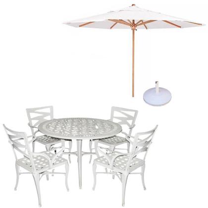 Imagem de Conjunto De Mesa Com 4 Cadeiras Aluminio Fundido + Guarda Sol Branco