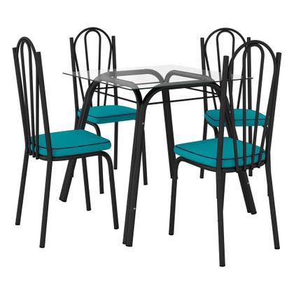 Imagem de Conjunto de Mesa Lotus SF Preto De 75 cm Vidro Incolor Com 4 Cadeiras 121 Assento Azul Turquesa Artefamol