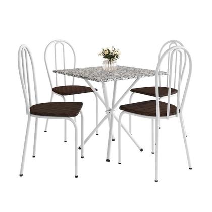 Imagem de Conjunto de Mesa Quadrada com Tampo Granito e 4 Cadeiras Léia Revestimento Sintético Branco e Cacau