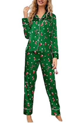 Imagem de Conjunto de pijama Juakoso com estampa de Natal em cetim para mulheres