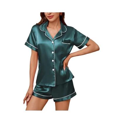Imagem de Conjunto De Pijamas De Seda Satin Para Mulheres 2 Peças Com Botão Roupas De Dormir Loungewear Shorts